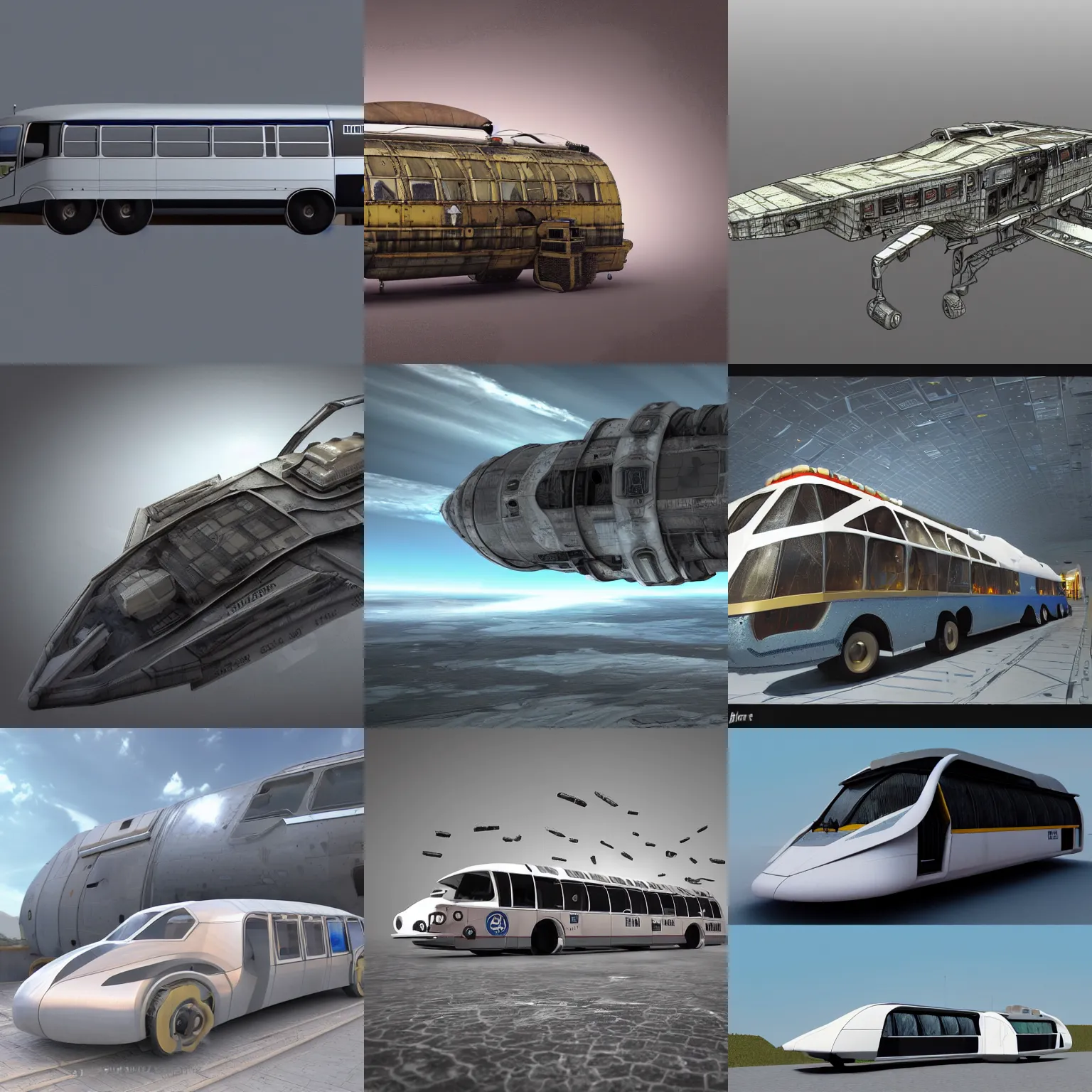 Prompt: concept design art of a spaceship made from a recycled bus, highly detailed render, wide angle, photorealistic