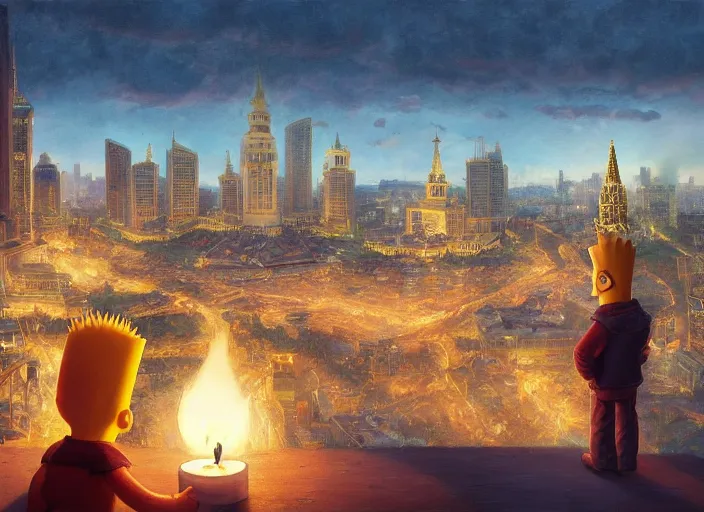 Prompt: bart simpson watching the view of moscow, lit by candles, digital painting, artstation, concept art, craig mullins, breathtaking, 8 k resolution, extremely detailed, beautiful, establishing shot, artistic, hyperrealistic, octane render, cinematic lighting, dramatic lighting, masterpiece, light brazen, extremely detailed and beautiful face