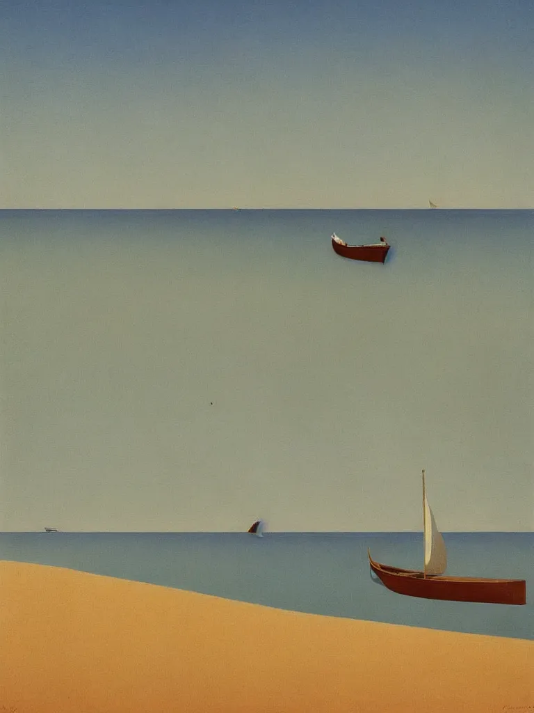 Prompt: a boat on stylized water at bassin d'arcachon a sand dune in the background with the sky above, australian tonalism, pale gradients design, matte drawing, clean and simple design, outrun color palette. a vintage neo retro poster painted by Morandi, Agnes Pelton