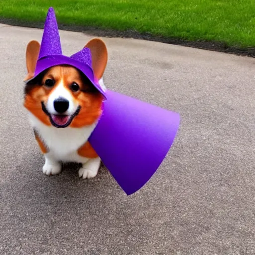 Image similar to a corgi wearing a purple party hat and a red bowtie