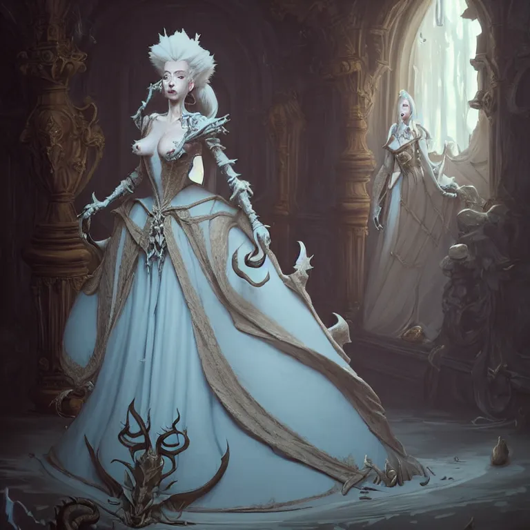 Image similar to portrait of a baroque princess dress from the fantasy world for the dragon queen atey gailan, greg rutkowski, greg tocchini, james gillard, joe fenton, kete butcher, dynamic lighting, gradient light blue, brown, light cream and white colors, grunge aesthetics, detailed and complex environment