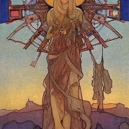 Image similar to a spiritual cross on top of a holy mountain, Mucha, Moebius, Mohrbacher