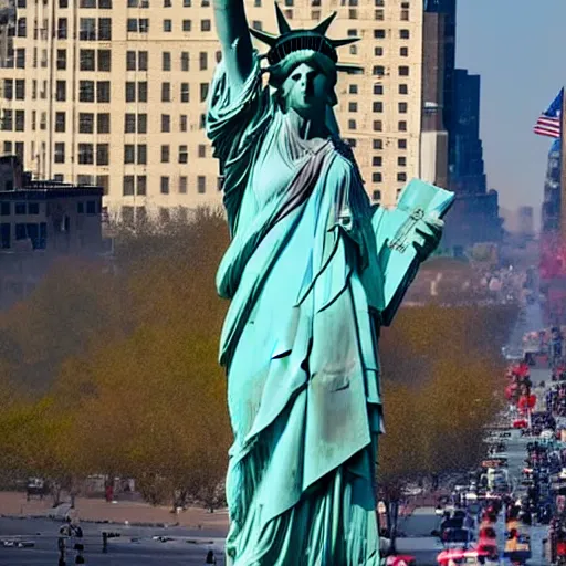 Image similar to The Statue of Liberty walks in the middle of the 5th avenue. The Statue of Liberty has large legs so that she can walk. With her arms, the Statue of Liberty crushes buildings, cars and people. In the background New-York is in flames