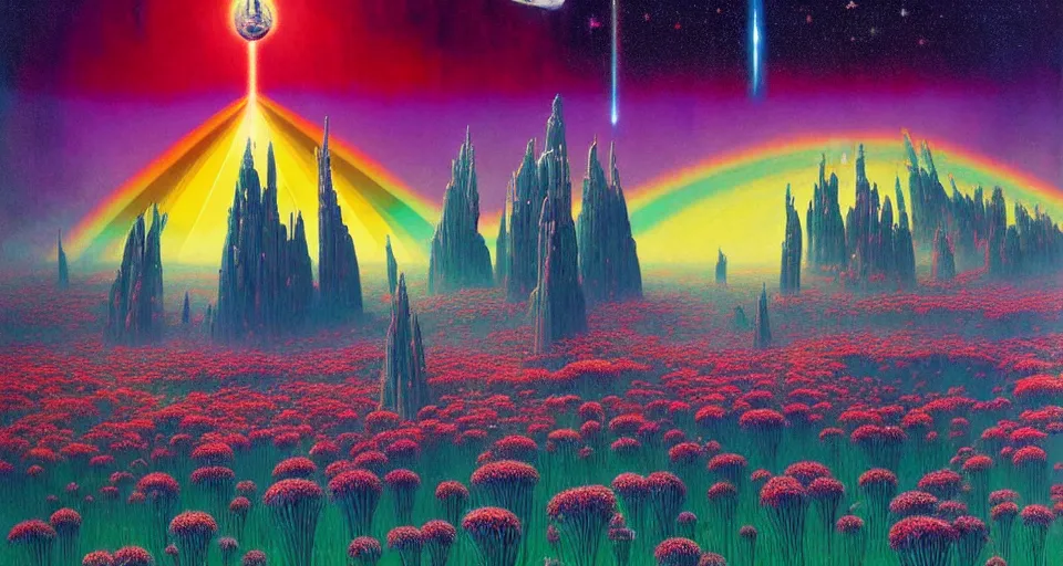 Prompt: a beautiful cinematic view of a large 3 d mystical alien shrine in a field of rainbow colored flowers, underneath a star filled night sky, harold newton, zdzislaw beksinski, donato giancola, warm coloured, gigantic pillars and flowers, maschinen krieger, beeple, star trek, star wars, ilm, atmospheric perspective