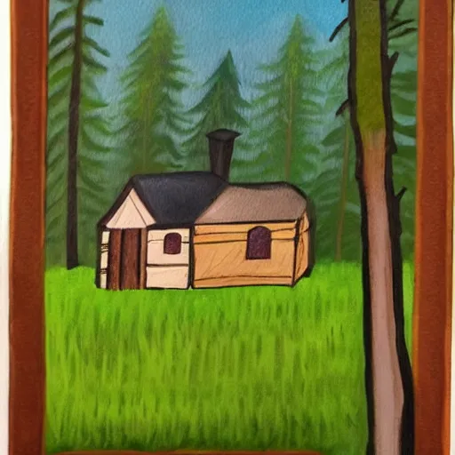 Image similar to a painting of a eerie cabin in the middle of the woods in the style of alison geissler