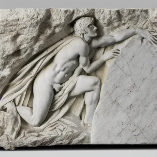 Prompt: base relief of gigachad, marble