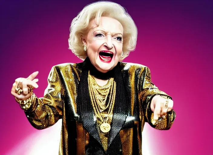 Image similar to publicity photo still of betty white as a gangsta rapper covered in gold chains, with grills in teeth and wearing a jumpsuit live on stage, 8 k, live concert lighting, mid shot