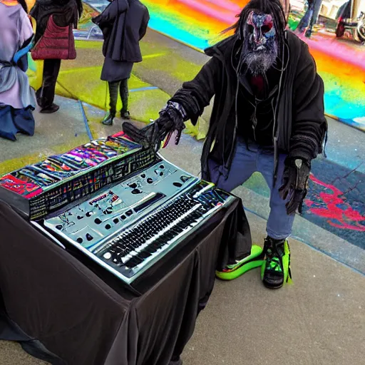 Image similar to cyberpunk goth homeless man cyborg playing a cyberpunk moog synthesizer at cyberpunk farmers market by william barlowe and pascal blanche and tom bagshaw and elsa beskow and enki bilal and franklin booth, neon rainbow vivid colors smooth, liquid, curves, very fine high detail 3 5 mm lens photo 8 k resolution