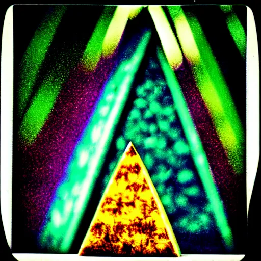 Image similar to colorful velvet Wizard triangle tree pyramid crystal, in a forest in twilight, 70s, polaroid, DOF, grain, kaleidoscope