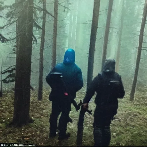 Image similar to low quality iphone photo of the payday 2 crew standing ominously deep in the foggy woods low visibility creepy, grainy, trail cam footage