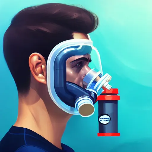 Prompt: a profile photo of a man with oxygen cylinder and mask, side profile in underwater, highly detailed, digital painting, artstation, concept art, smooth, sharp focus, illustration by Sandra Chevrier