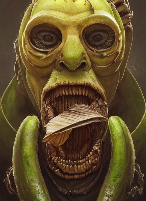 Image similar to banana mf doom reptile eyes, banana peel skin. intricate, elegant, highly detailed, centered, digital painting, artstation, concept art, smooth, sharp focus, illustration, artgerm, tomasz alen kopera, peter mohrbacher, donato giancola, joseph christian leyendecker, wlop, frank frazetta