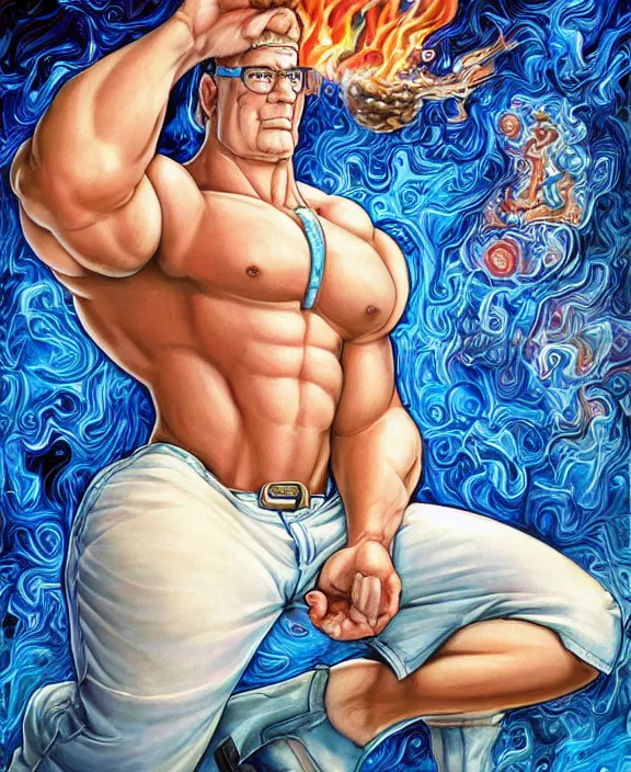 Image similar to hank hill wearing bluejeans and white tshirt, the god of propane, blue flames, magic realism, art by mike judge, art by josephine wall, art by huang guangjian, art by viktoria gavrilenko, art by amanda sage, trending on artstation