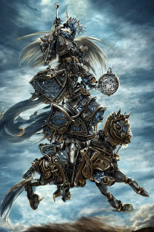 Image similar to a full body shot of an azure knight riding a mechanical steampunk horse across the sky by Kentaro Miura, Wolf themed armour, moonlit, colored by Ronda Pattison, heavy armor, blue flame trail, dark colors, highly detailed, trending on artstation, CGsociety, exquisite detail, post-processing, masterpiece, volumetric lighting, cinematic, hypermaximalistic, high details, cinematic, 8k resolution, beautiful detailed, insanely intricate details