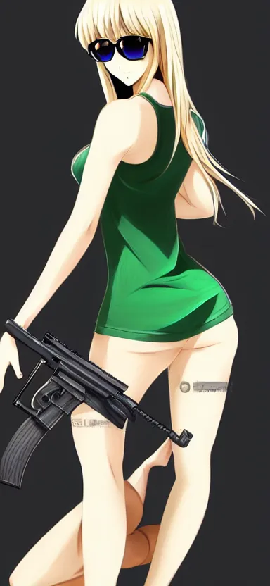 Prompt: an anime art of beautiful curvy girl with an athletic feminine body in a green tank top and aviator classic sunglasses holding an assault rifle on a white background, long hair, anatomically correct, symmetrical facial features, symmetrical proportions, tanned body, highly detailed, digital painting, artstation, concept art, oc commission, illustration