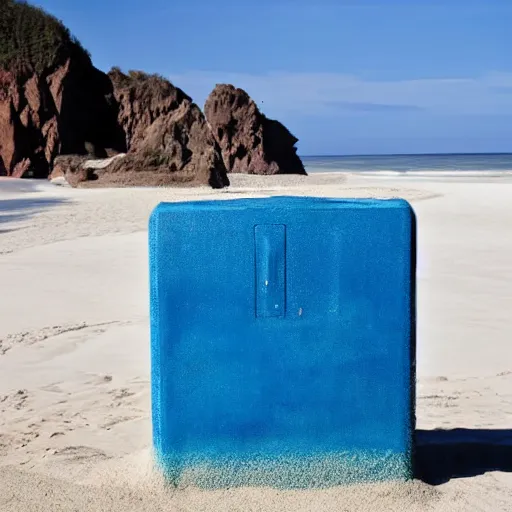 Image similar to refrigerator made of blue sand on the beach