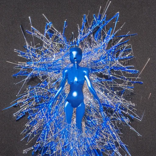 Prompt: blue crystal exploding, 4k (blue)!!, double exposures on 35mm film!, scissor people, scalier skin for moisture retention, adapted to a drier climate, Genetic isolation with different environmental pressures yields a variant of yautja by michael vincent, x-chromosome pair of steel scissors joined in the center, alien anatomyArt by Joel peter Witkin, art by hr Geiger, art by Brom, upcycled scissors modified into a ornate crib, art by Todd McFarlane, 8k concept art, low poly, cinematic, horror, monsters, fur, shadows, full color, best practice, creature, cinematographic, cinematic, hyper realistic, detailed, 8k, octane render.