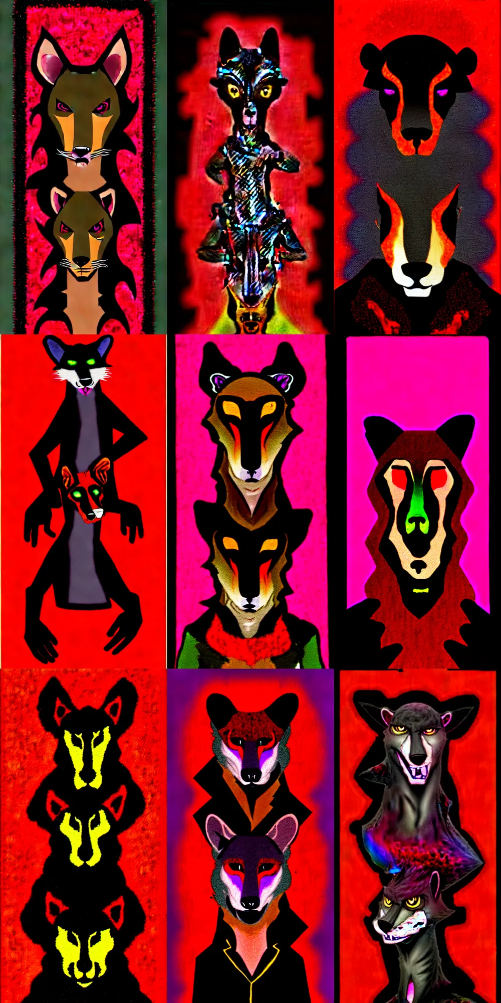 Image similar to handsome weasel fursona fullbody portrait, male, red - black, dark psychedelia style, refer to late timothy leary, schizophrenic art. dark and smoky