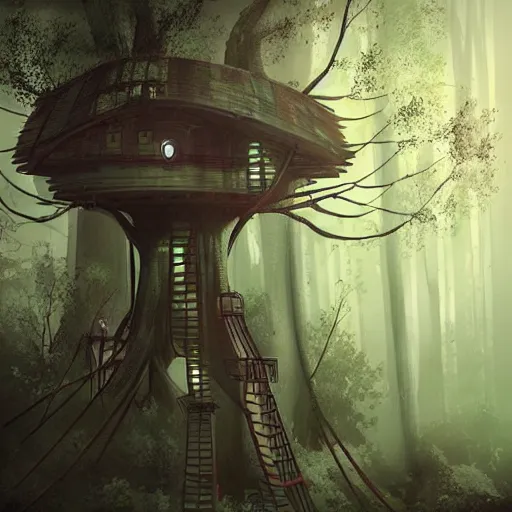 Prompt: a scifi tree house in a dark dystopia forest