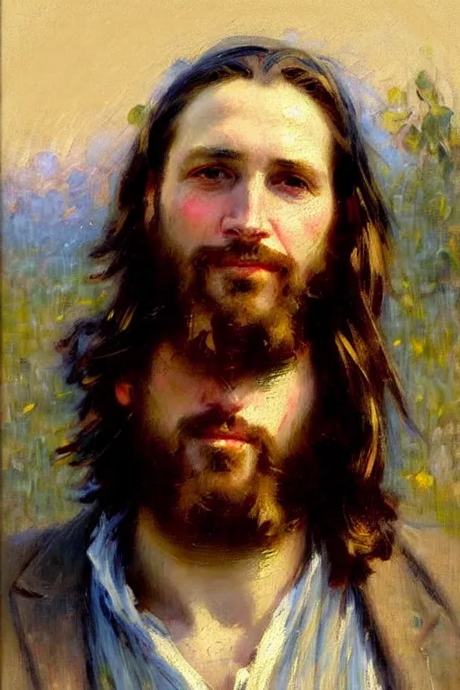 Image similar to impressionist brushstrokes!!!!!!!!! solomon joseph solomon and richard schmid and jeremy lipking victorian loose genre loose painting full length portrait painting of jesus with a slight smile happy inviting