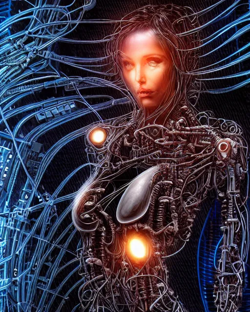 Image similar to portrait photo of a biomechanical torso of a cyborg plugged into a quantum computer with cables and wires and optic fibers. cyberpunk horror style. art by luis royo. highly detailed 8 k. intricate. nikon d 8 5 0 5 5 mm. award winning photography.