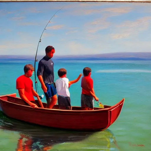 Image similar to A dad with his 3 sons in a boat, the dad is fishing, underwater there is a fish with his 3 sons, oil on canevas