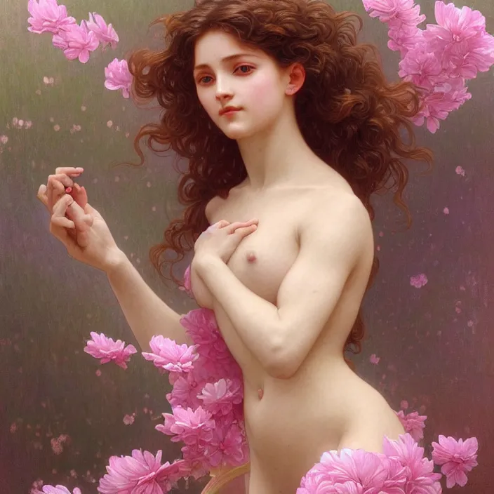 Image similar to a wonderful goddess with the body made of pink petals, intricate, elegant, highly detailed, wonderful eyes, sweet, digital painting, artstation, concept art, smooth, sharp focus, illustration, art by artgerm and greg rutkowski and alphonse mucha and william - adolphe bouguereau