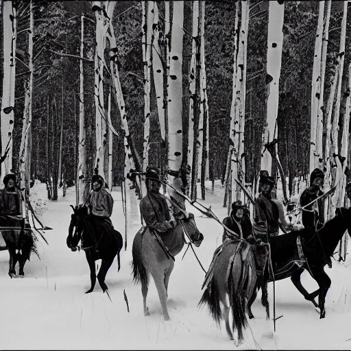 Image similar to photograph of savage plains indians on the warpath riding horses through some aspen trees in the snow attacking