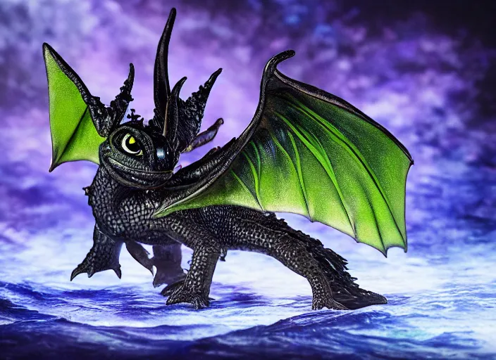 Image similar to realistic glowwave minature of toothless on a mysterious world, hyper realism, intricate detailed, 1 0 0 mm, photography, studio quality, smooth