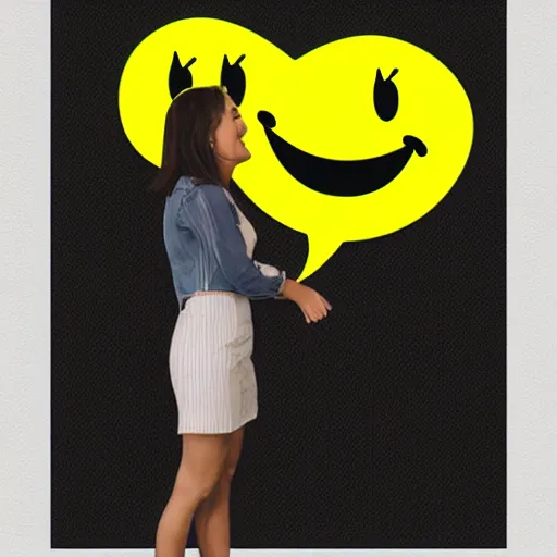 Image similar to smiling emoji. yellow. digital art. flat. thinking. grabbing chin.