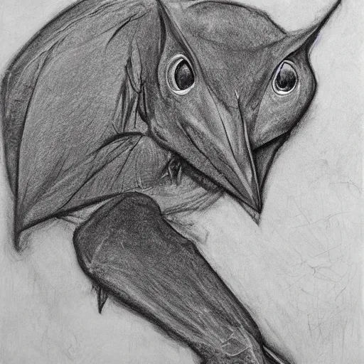 Prompt: hipposideros griffini but as a wildlife sketch. hipposideros griffini charcoal wildlife drawing, in habitat, by john banovish. detailed charcoal, intricate, scientific field study. charcoal on canvas. 5 8