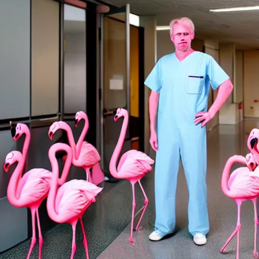 Image similar to swedish medical professor standing in front of hospital entrance with 10 pink flamingo walking by