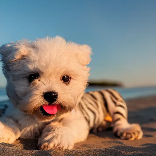Prompt: a closeup photorealistic photograph of a cute smiling tiger bichon pup laying out at the beach during sunset. professional capture, well lit shot. this 4 k hd image is trending on artstation, featured on behance, well - rendered, extra crisp, features intricate detail, epic composition and the style of unreal engine.