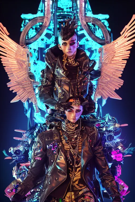 Image similar to full-body cyberpunk style sculpture of a young handsome Colombian prince half android with a chest opening exposing circuitry and electric sparks, glowing pink eyes, crown of blue flowers, flowing salmon-colored silk, fabric, raptors. baroque elements. full-length view. baroque element. intricate artwork by caravaggio. many many birds birds on background. Trending on artstation, octane render, cinematic lighting from the right, hyper realism, octane render, 8k, depth of field, 3D