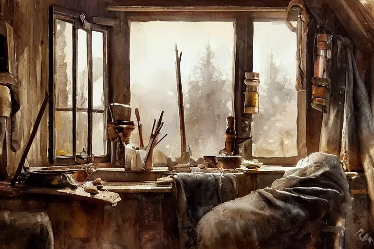 Image similar to paint brush strokes, abstract watercolor painting of rustic village house, interior at winter, medieval straw roof, scandinavian viking age, ambient lantern lighting, art by hans dahl, by jesper ejsing, art by anders zorn, wonderful masterpiece by greg rutkowski, cinematic light, american romanticism by greg manchess, creation by tyler edlin