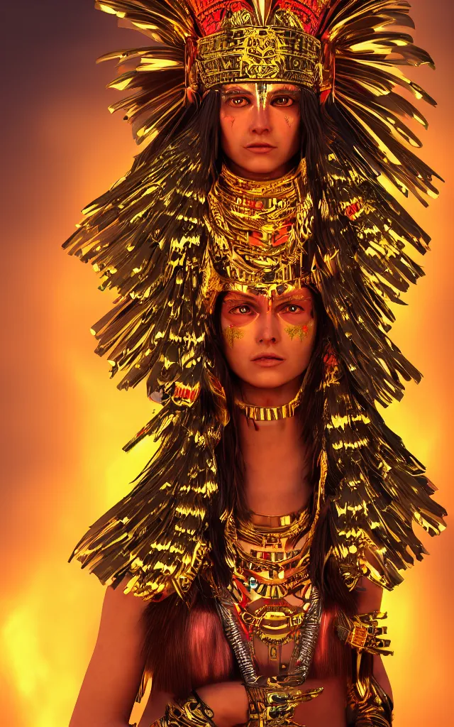 Image similar to native aztec neondmt warrior princess goddess with a golden headdress, piercing glowing eyes, aztec dmt gilded gold foil tattoos, uncropped photo, 4 k cinematic hyperdetailed photorender realityengine ultrahd fantasy concept art