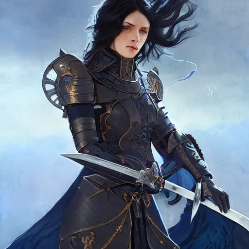 Image similar to woman dressed in plate armor with black hair and blue eyes wielding a greatsword, elegant, digital illustration, fire magic, detailed, intricate, sharp focus, digital painting, deep focus, digital painting, artstation, concept art, matte, art by artgerm and greg rutkowski and alphonse mucha