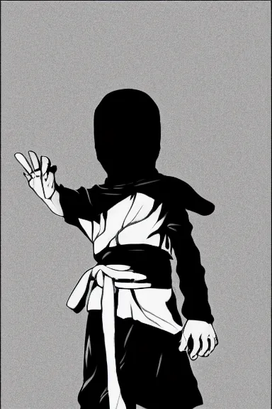 Image similar to attractive little boy wearing an ninja suit, black and white artwork made by kentaro miura