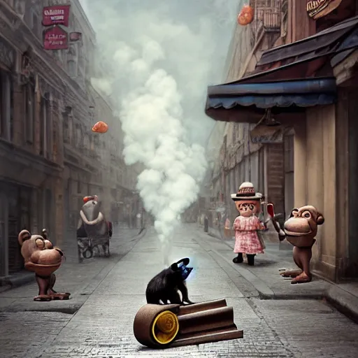 Prompt: a chimpanzee picking up pennies in a city street with a steam roller headed towards him, depth of field, fashion photoshoot by nicoletta ceccoli, mark ryden, lostfish, dan decarlo, bob clampett, max fleischer, breathtaking, detailed and intricate environment, 8 k resolution, hyperrealistic, octane render