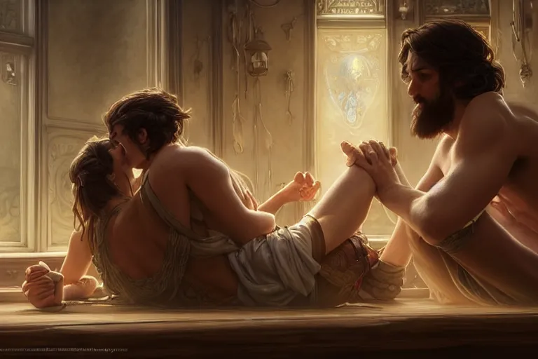 Image similar to close up of man and woman sitting on the floor while hugging each other in the living room, deep focus, d & d, fantasy, intricate, elegant, highly detailed, digital painting, artstation, concept art, matte, sharp focus, illustration, hearthstone, art by artgerm and greg rutkowski and alphonse mucha