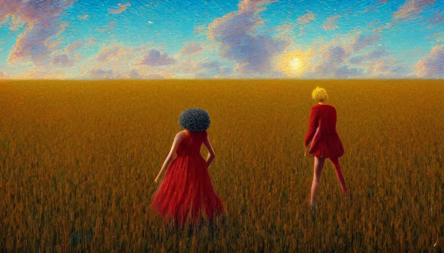 Image similar to giant red carnation afro head, full body, full body, girl walking in a wheat field, surreal photography, hills, sunrise dramatic light, impressionist painting, colorful clouds, digital painting, pointillism, artstation, simon stalenhag