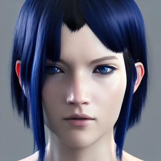 Image similar to « portrait, attractive, blue eyes, black hair, middle length hair, ghost in the shell, front view, unreal engine 5 »