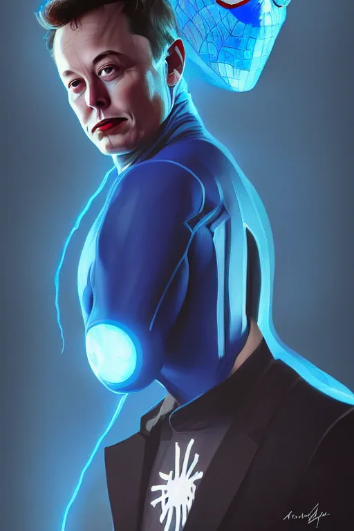 Image similar to elon musk as a blue suit spider man, realistic portrait, symmetrical, highly detailed, digital painting, artstation, concept art, smooth, sharp focus, illustration, cinematic lighting, art by artgerm and greg rutkowski and alphonse mucha