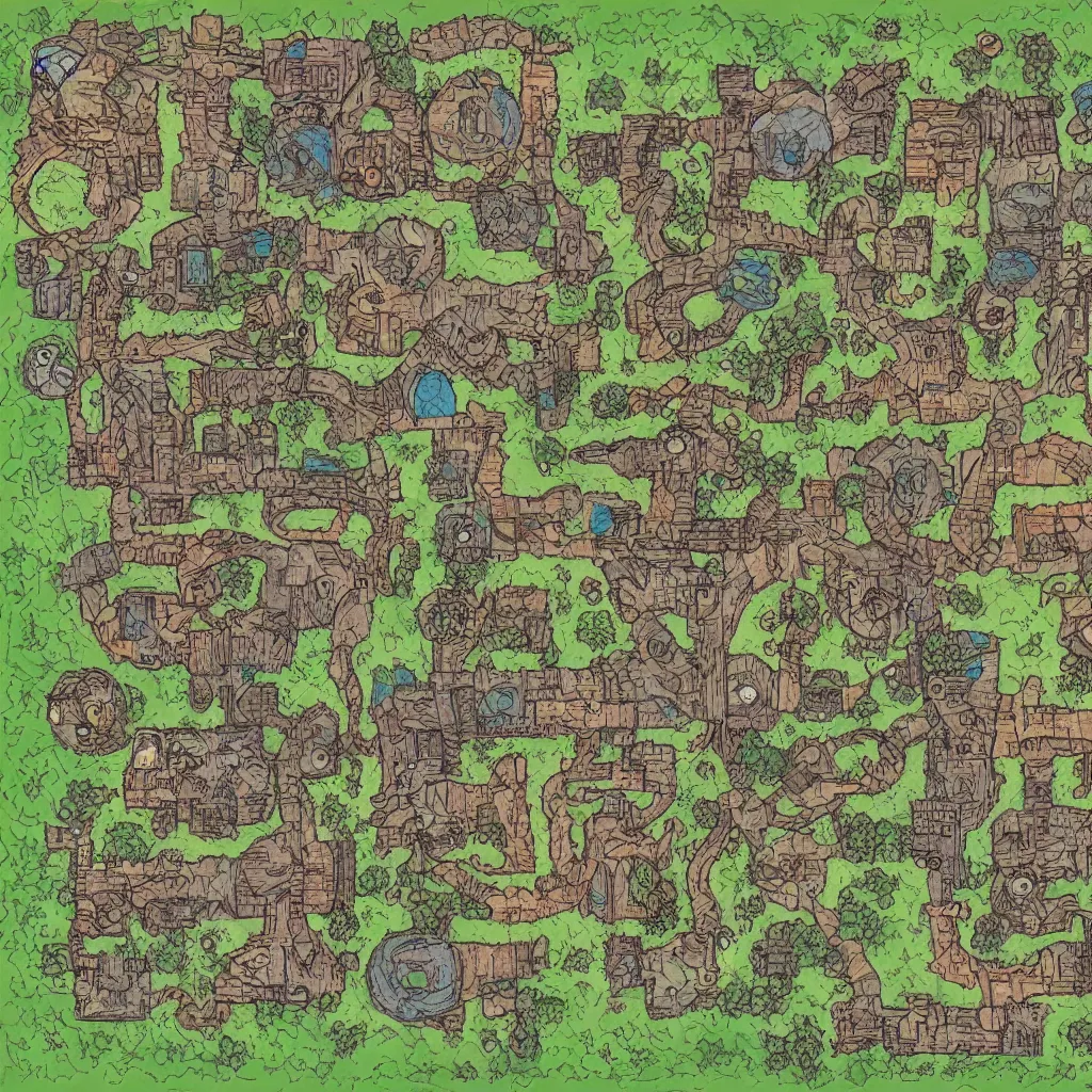 Image similar to bandit camp layout, art by allixander maps, acrylic drawing, fantasy, world, bright, clear, simple, sharpened