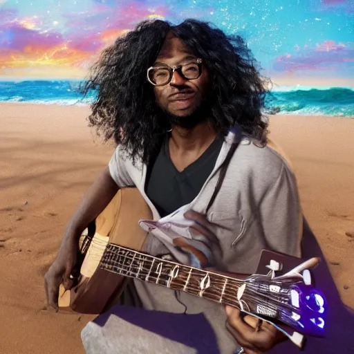 Prompt: a black man with long curly hair, wearing glasses, turning into sand while he plays guitar + Cinematic Lighting + Deep Shadows + Hyper Realistic + Hyper Maximalist + Maximalist Composition + Intricate Details + Rendered in Octane + Trending on Artstation + Hall of Fame on Cgsociety + 8K portrait + 8k Post-Processing Highly Detailed + Rendered by Octane Engine + 8K Artstation 8k Detail Post Processing + Octane Render