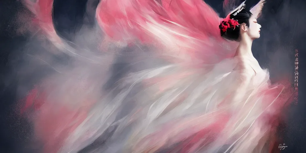 Prompt: Beautiful ethereal geisha prima ballerina dancing in the wind, volumetric lighting, elegant, fluid, highly detailed oil painting, digital painting, concept art, smooth, sharp focus, illustration, strong lines and bold colors, limited color palette, atmosphere and tension, Japanese,manga, trending on artstation