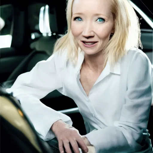 Prompt: uhd candid photo of anne heche wearing white powder all over her nose, with accurate face, in screaming, behind the wheel of a mini cooper, uhd, studio lighting, correct face, photo by annie leibovitz