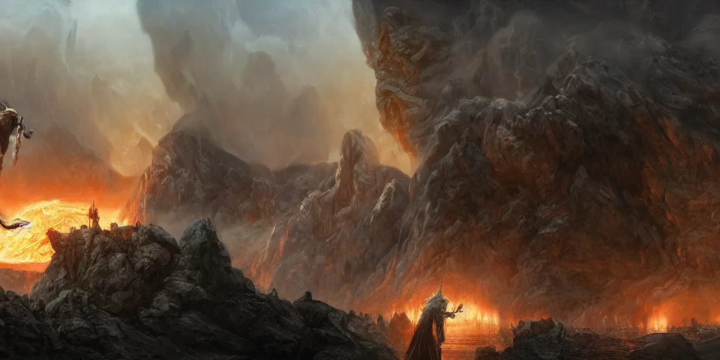 Prompt: Fight between Gandalf and the Balrog in the evening, detailed matte painting, cinematic, Alan Lee, Artstation