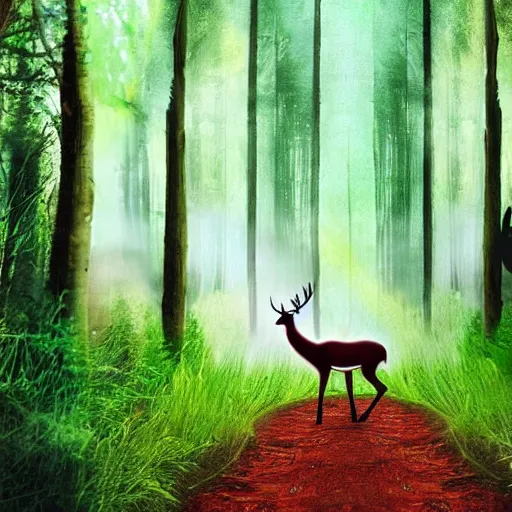 Image similar to epic professional digital art of a bright forest with a deer galloping towards you.