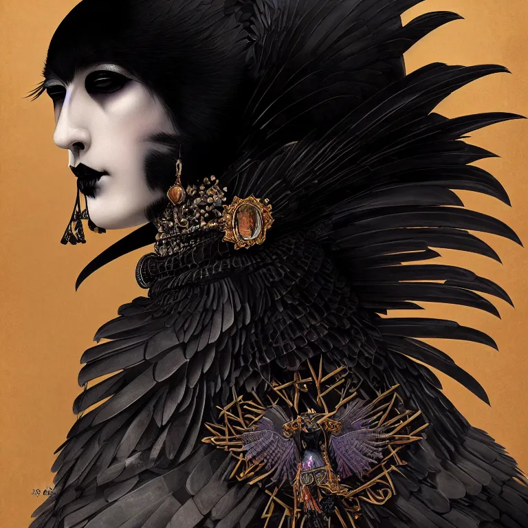 Prompt: breathtaking detailed concept art painting art deco portrait of a goth goddess amalgamation raven, by hsiao - ron cheng, bizarre compositions, exquisite detail, extremely moody lighting, 8 k